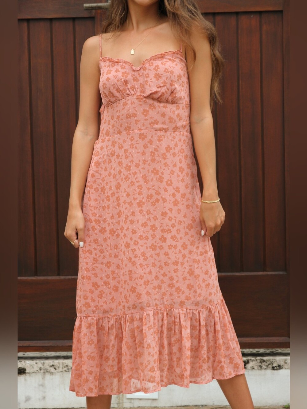 Pink Floral Spaghetti Strap Midi Dress